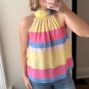 1.STATE pastel Stripe Halter Tie Neck Blouse
